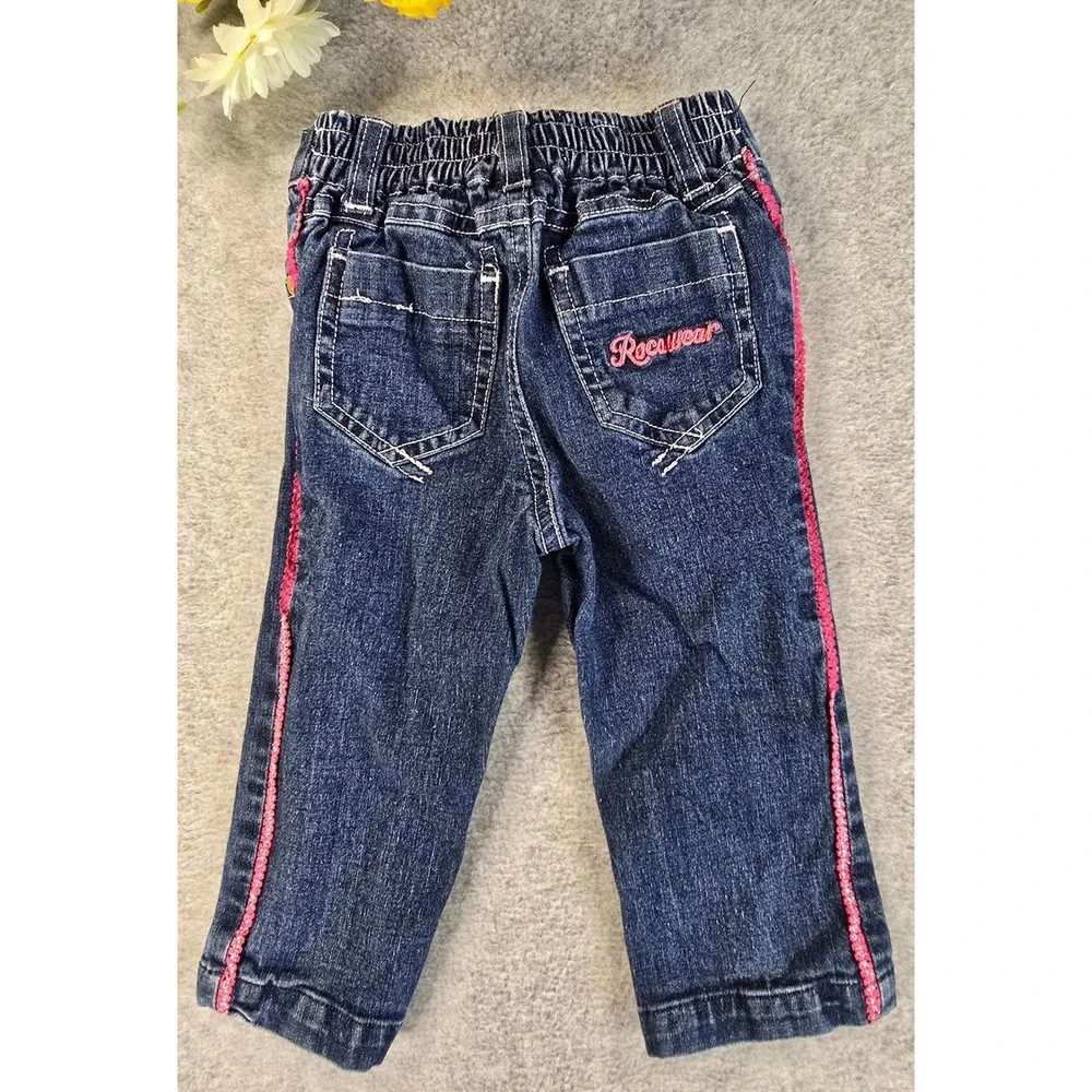 Rocawear Y2K Baby Girls Blue Denim Jeans Pink Side Trim Embroidered Size 12m